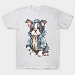 Watercolor Cozy Boston Terrier Dog T-Shirt